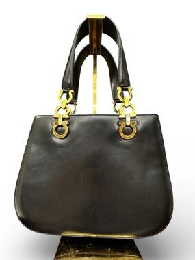 Salvatore Ferragamo Vintage Black Leather Gancini Top Handle Bag – Made in Italy